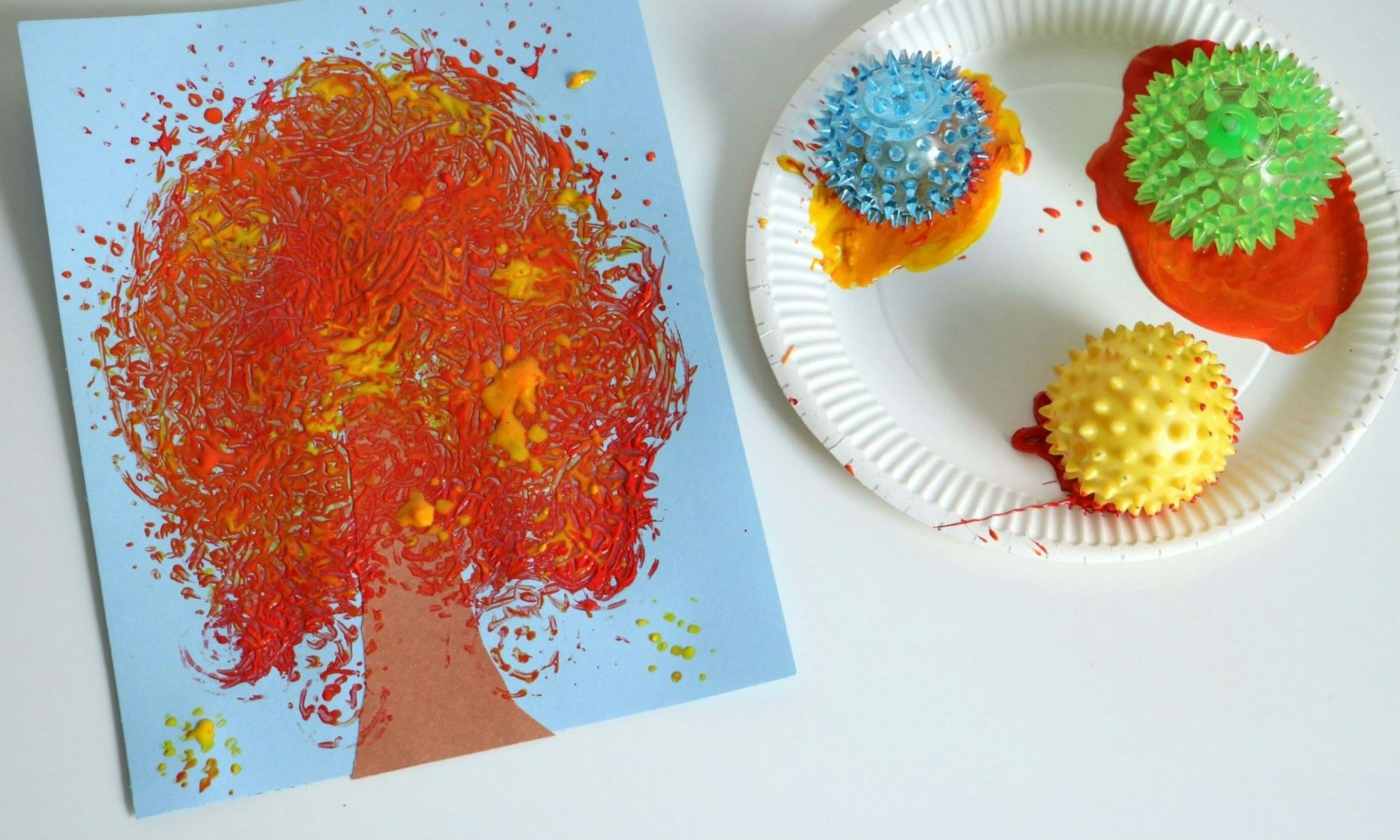 Paint original autumn pictures with massage balls - trees with colorful crowns