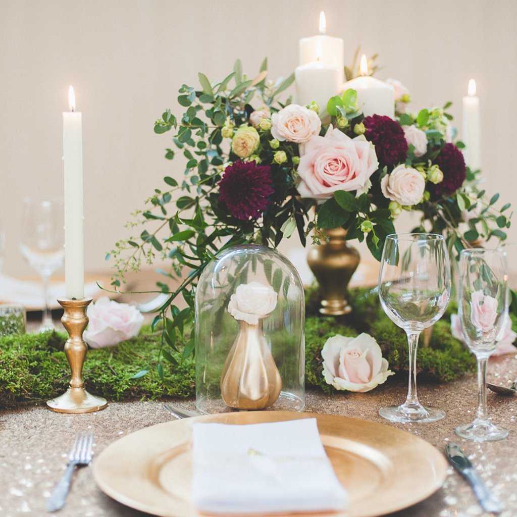 PflanzenTischdeko für Hochzeit günstig Kerzenständer Blumenstrauß aus Rosen