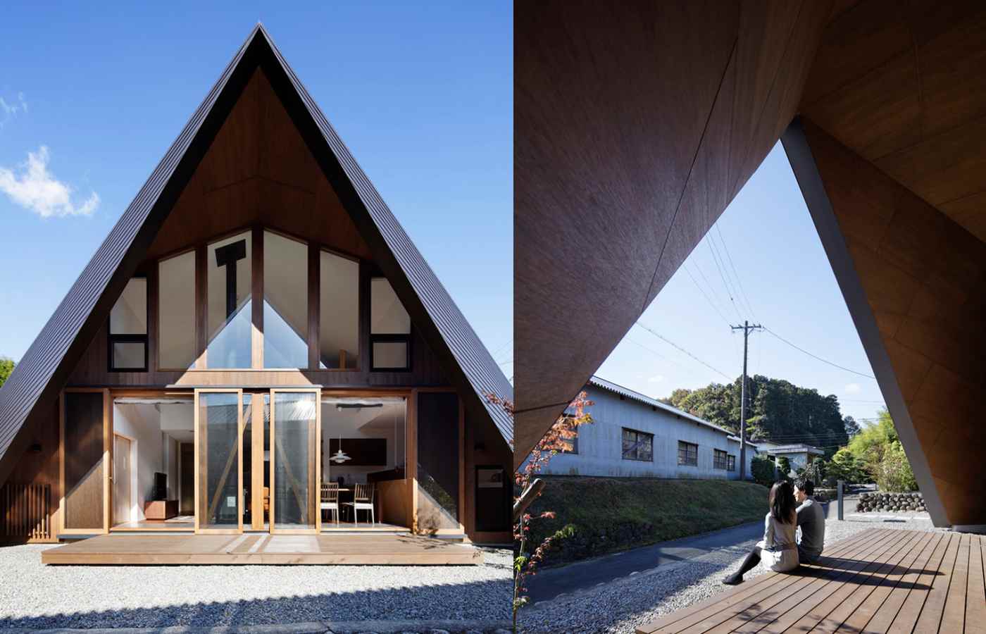 Satteldach modern interpretiert japanisches Einfamilienhaus mit Schiebetüren und eine Holzterrasse im Vorgarten