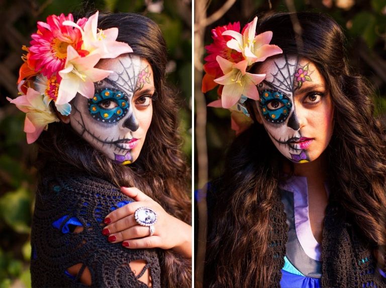 Halbes Gesicht zu Halloween schminken Sugar Skull mit Blumen und Glitzer