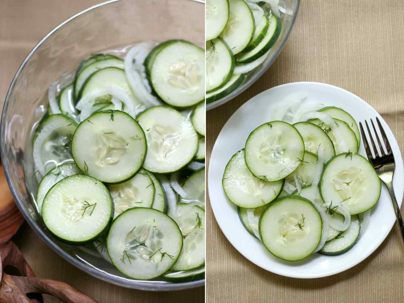 Vegan cucumber salad with homemade dressing made of vinegar and sweetener