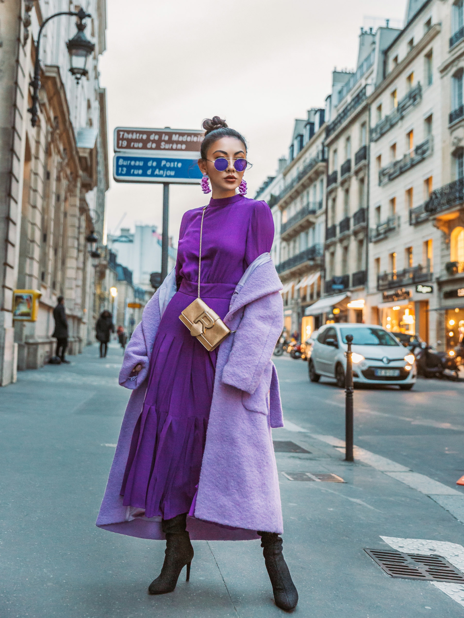lavender coat outfit