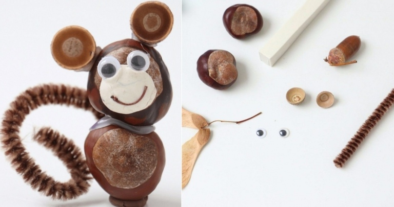Witziger Affe als Idee aus Eicheln, Rosskastanien, Knete und Plüschdraht