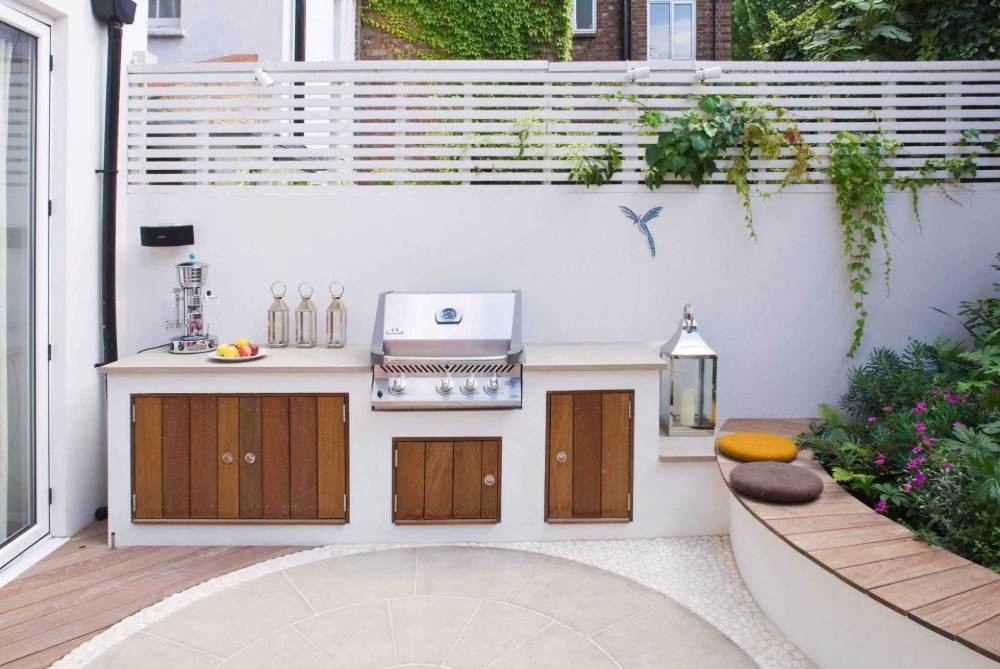 elegant narrow gas grill exterior kitchen with wood and concrete construction