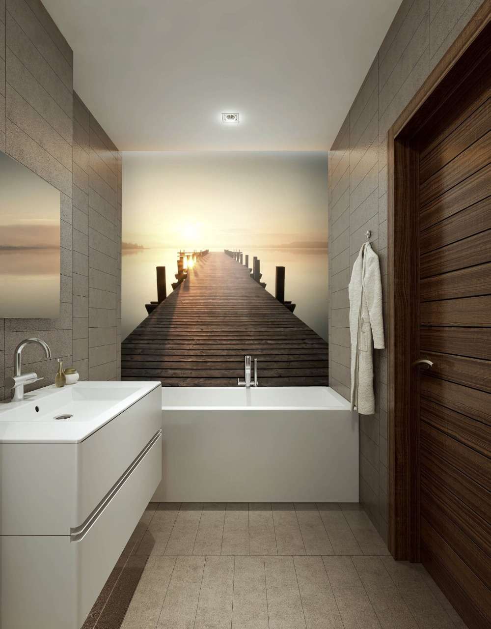 fototapete über badewanne in rustikal gestaltetem bad mit modernem design