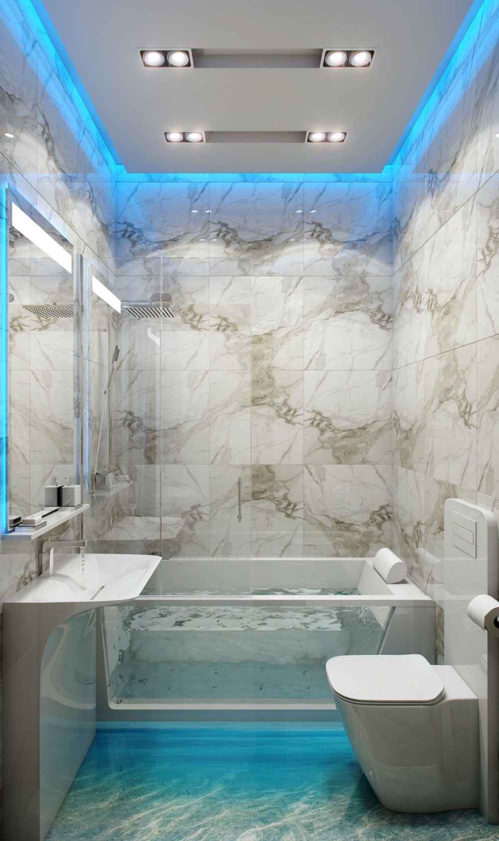gefliestes badezimmer indirektes blaulicht deckenbeleuchtung durchsichtig
