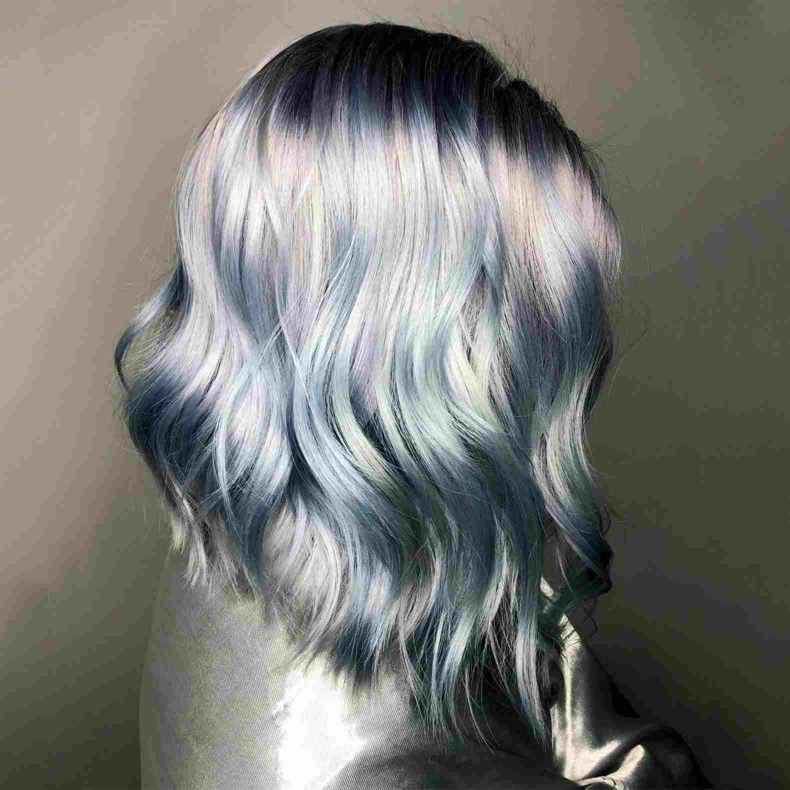 gray blue hair with rays pastel blue hair color long bob hair cut
