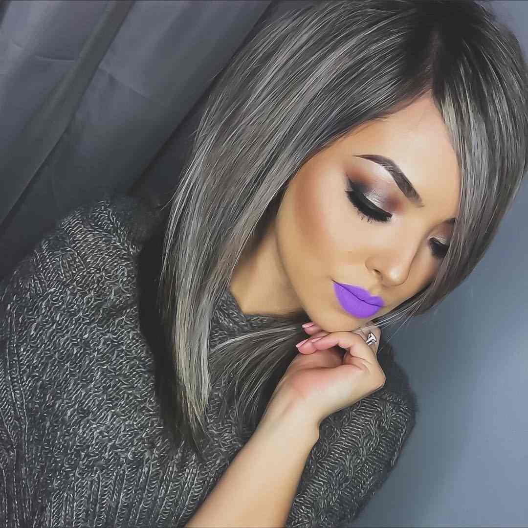 gray shades of color Long Bob asymmetrical style Purple Lipstick