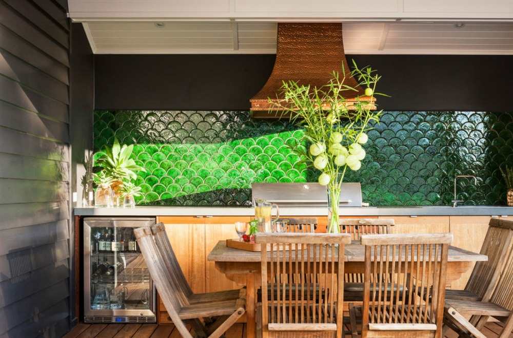 green kitchen backscatter and aesthetic and wood chairs
