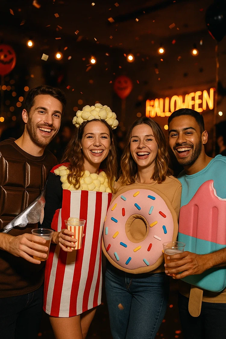 halloween kostüm 4 personen schokoriegel popcorn donut und eis am stiel
