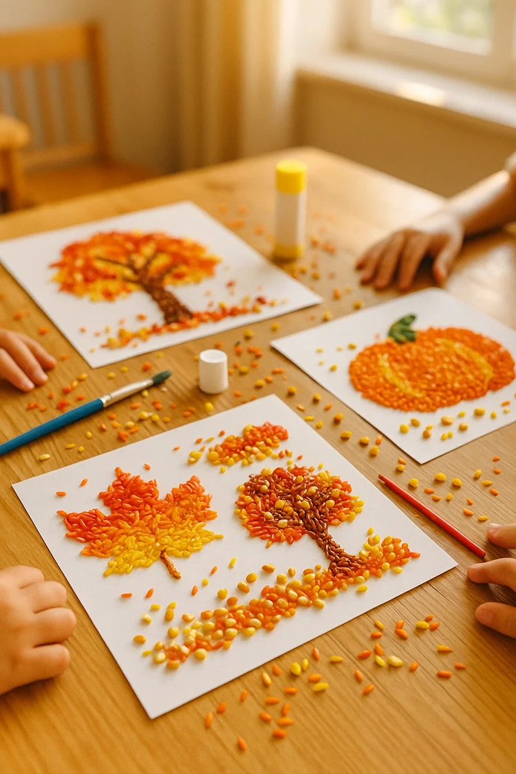herbstbilder mit reis und maiskörnern kindergartne