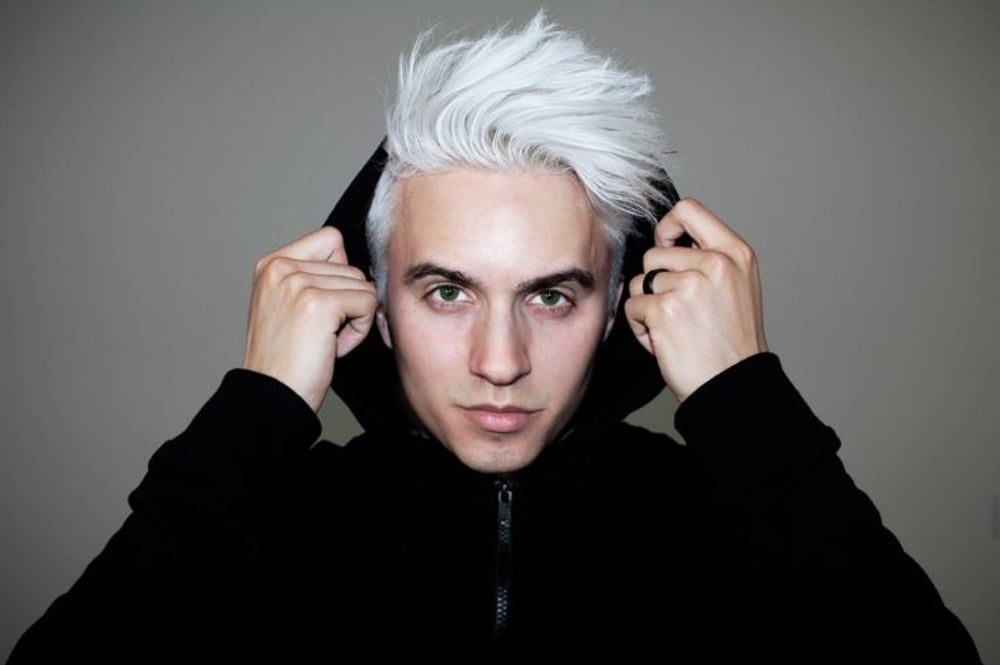 young man with hooded jacket in black and gray colored hair similar to lucius malfoy from harry potter