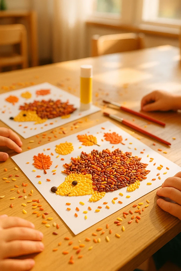 kindergarten herbstbilder ideen mit reis körnern igel
