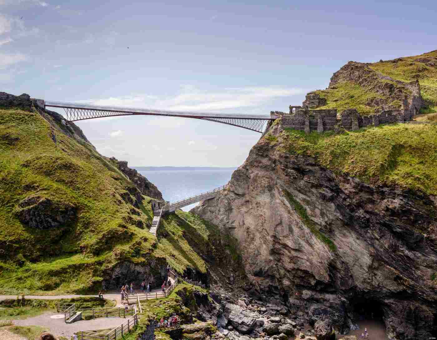 view and landscape of tintagel castle in cornwall and hanging bridge