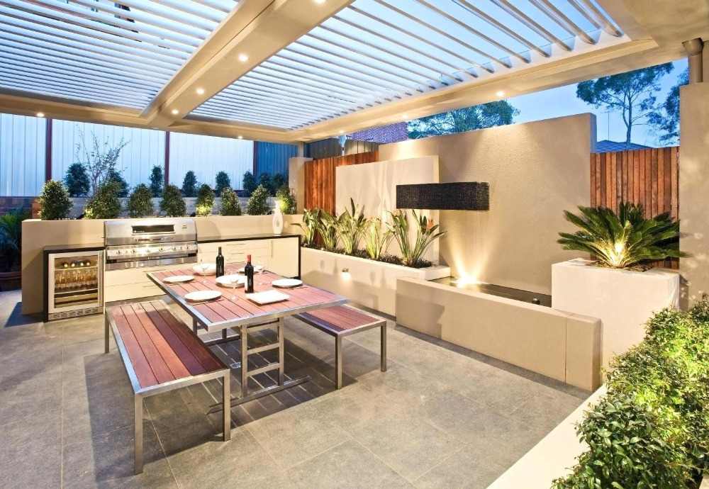 outdoor lighting for entertainment in the room with roofing and cooking
