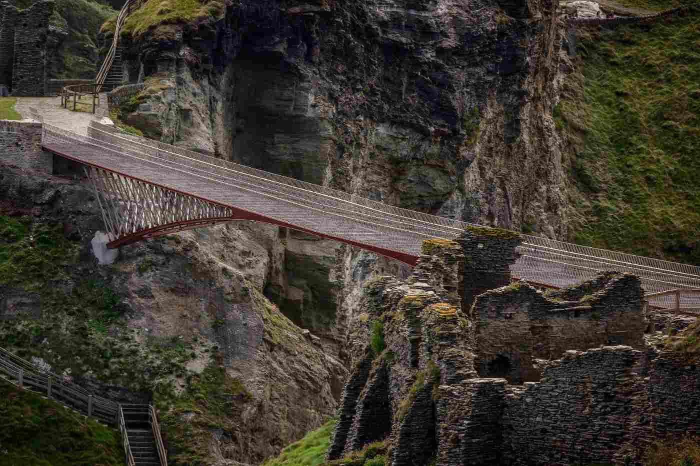ruin tintagel burg with new architectural link hanging bridge newly built