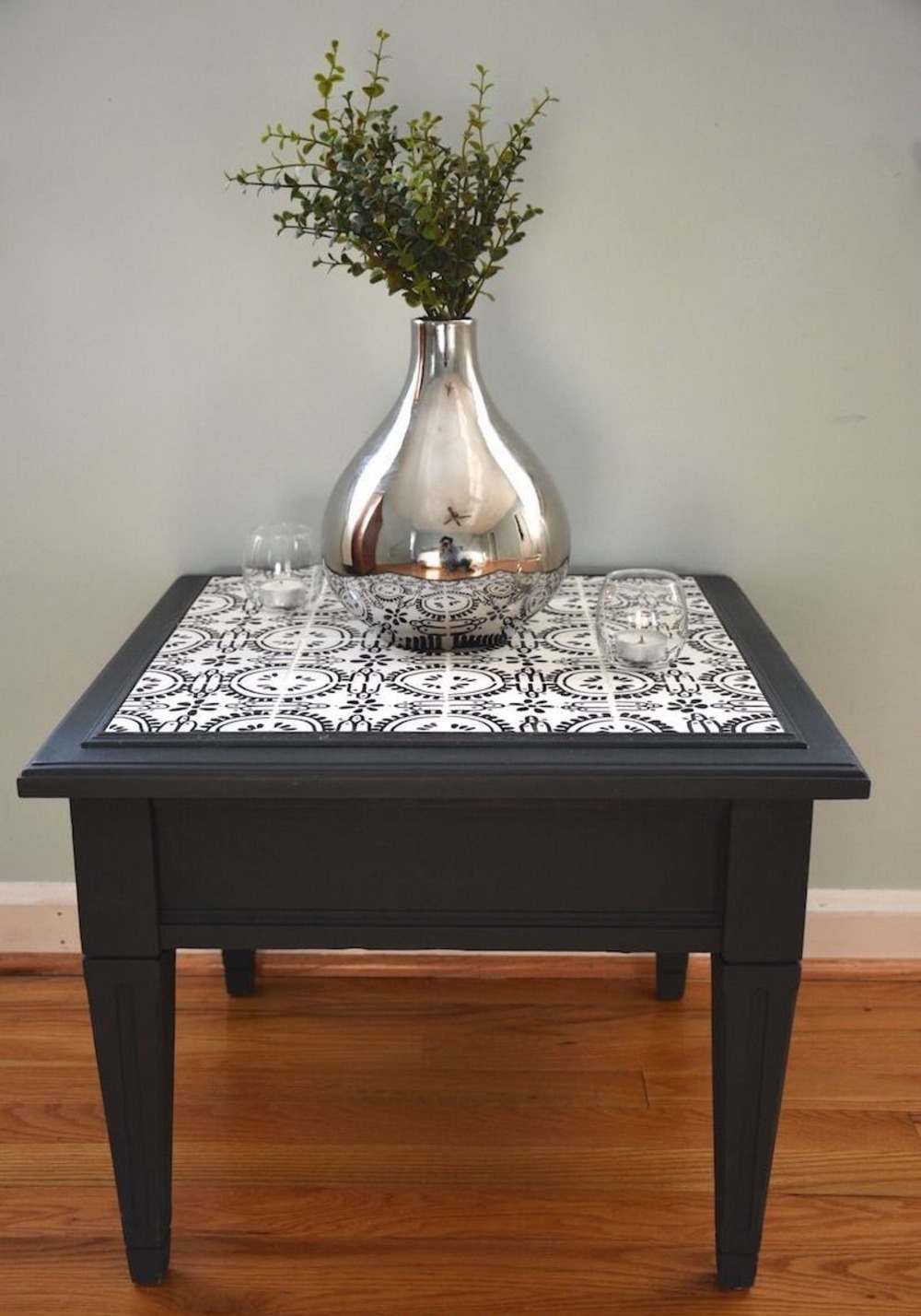 use black wood with painted white tiles as tiled or stained