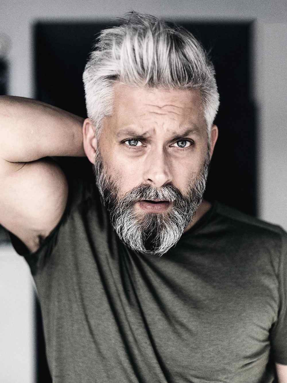 silver fox silver hair modern wear with beard for older men