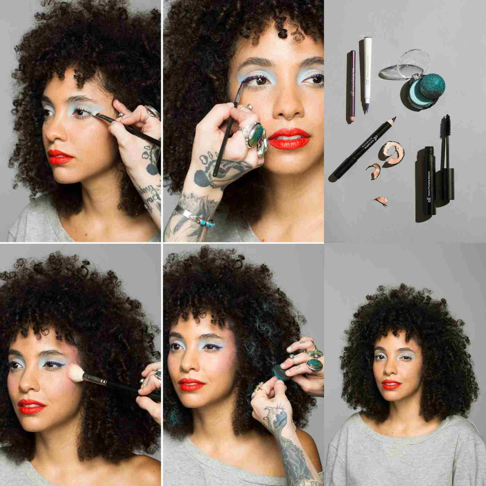 80er Jahre Make-Up Anleitung Schritt für Schritt blaue Lidschatten mit Glitzer