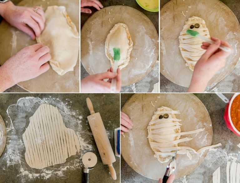 Anleitung für eine Pizza-Calzone in Form einer Mumie