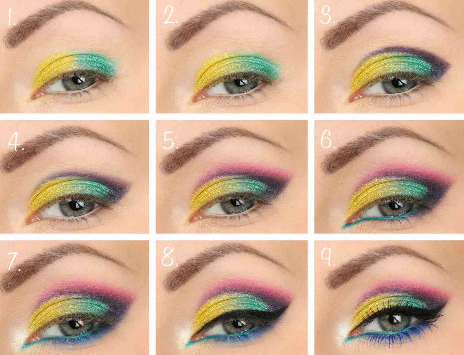 Augen Makeup Anleitung Schritt für Schritt Neonfarben Lidschatten