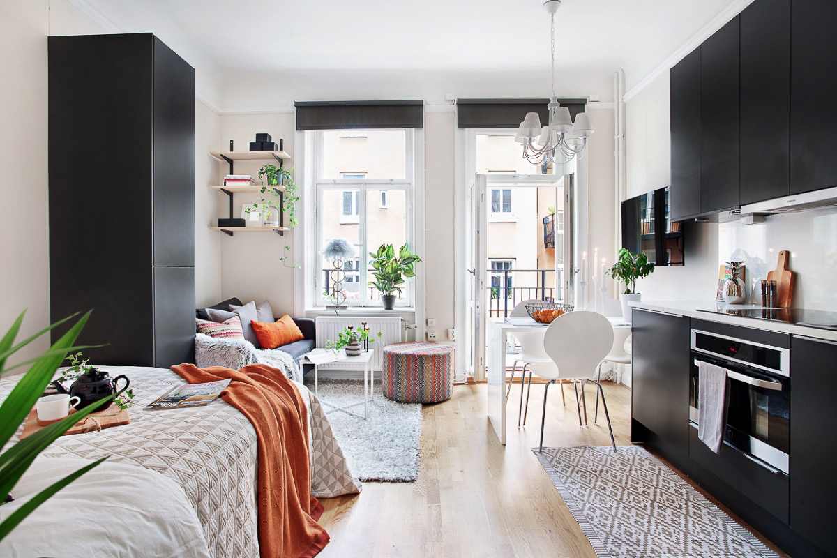 Living room bedroom apartment in a small room Single room black beige orange