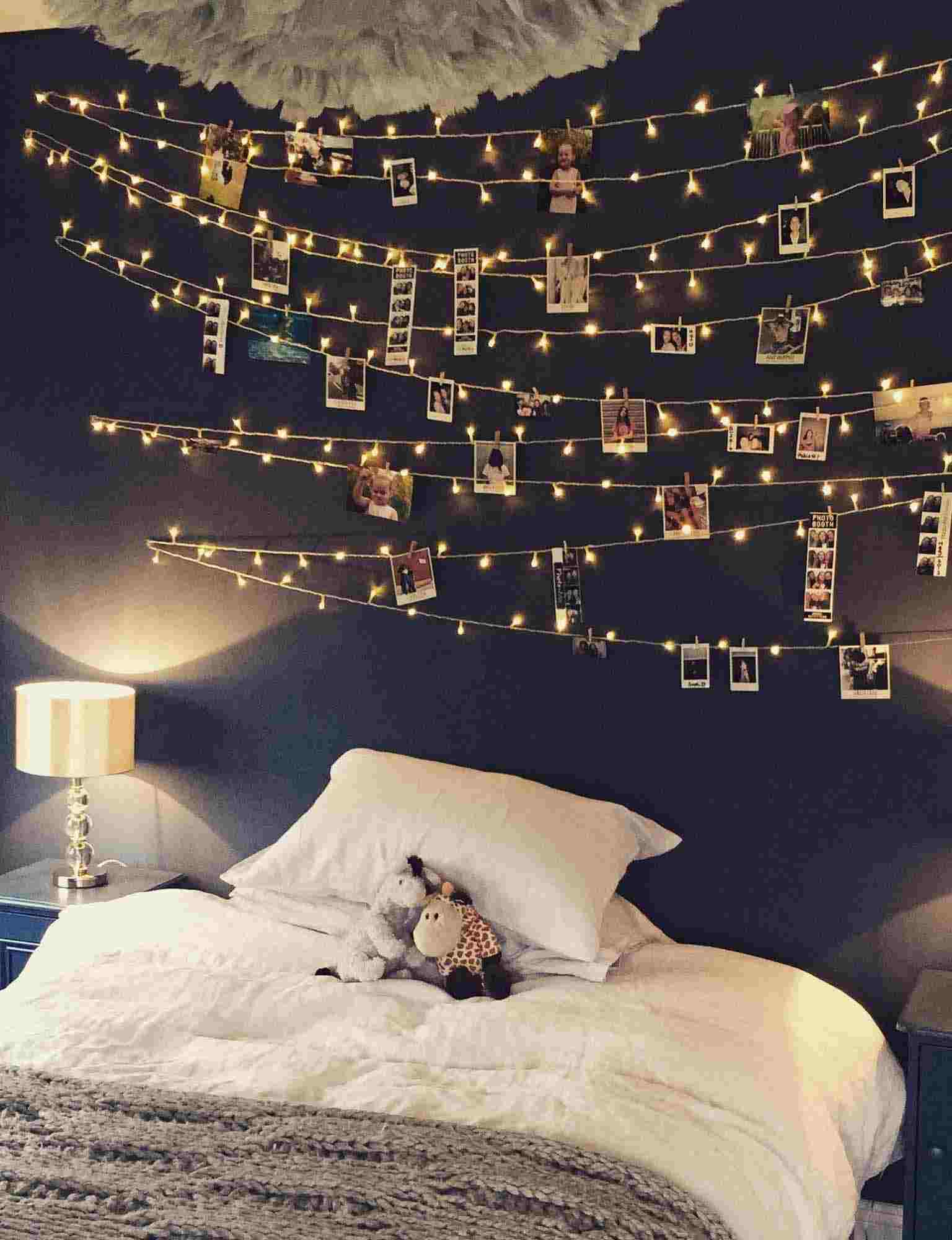 Fotogirlande mit Lichterkette selber basteln Schlafzimmer dekorieren