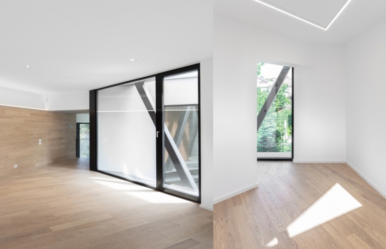 moderne Innenarchitektur Räume mit Ecken und Dielenboden und bodengleiche Fenster und weiße Wände