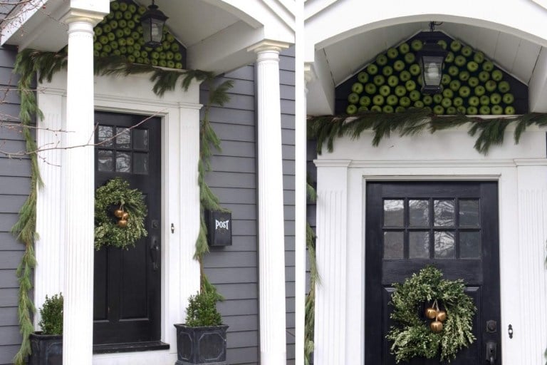 Hauseingang weihnachtlich dekorieren mit Äpfeln und Türkranz mit Glocken Winterliche Deko für draußen