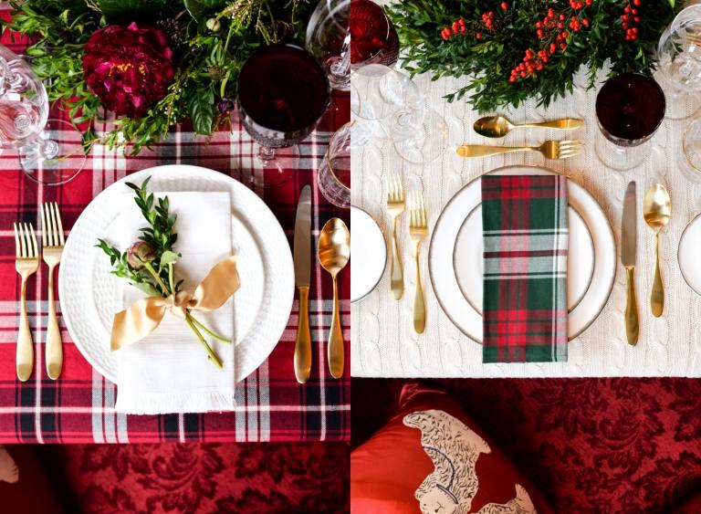 Ideen für perfekter Weihnachtstisch mit Servietten aus Stoff mit Karo-Mustern und trockene Rose auf dem Teller und echten Blumen und Weihnachtsgestecke mit Zypressenzweigen und Hagebutte