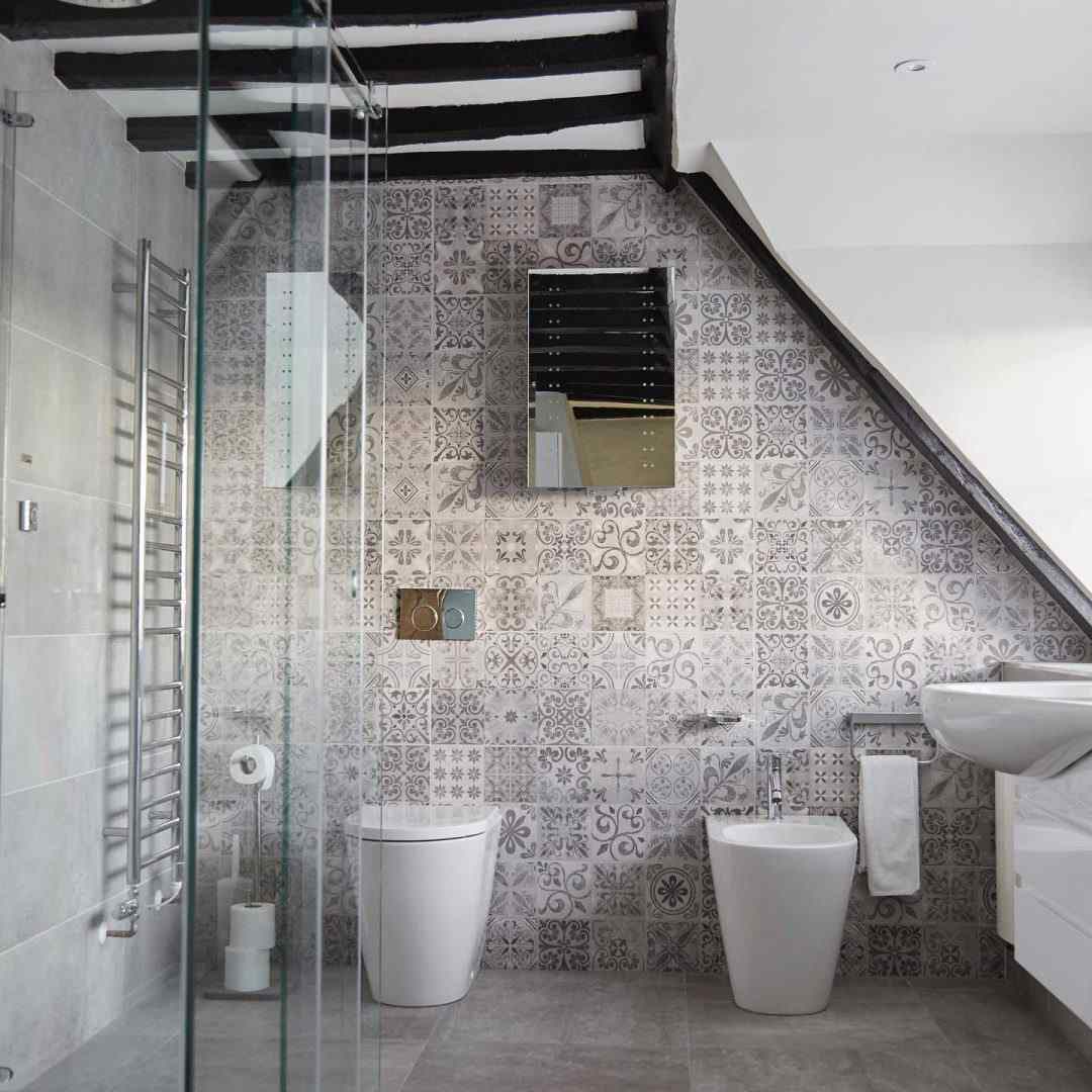 Modern bathtubs with rooftop ideas with patchwork mosaic tiles and a walk-in shower