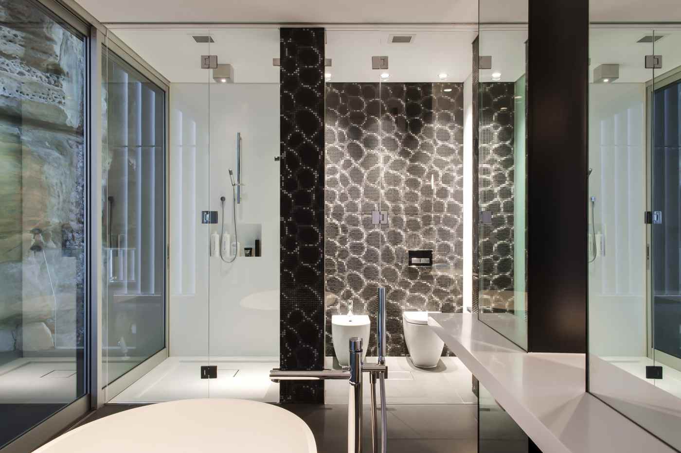 Modern Baths with Mosaic with Shower Cabin Trends in Black and White and Indoor Lighting in the Ceiling