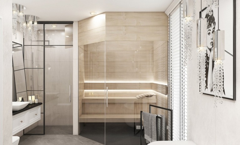 Moderne Bäder mit Sauna und Duschkabine nebeneinander Gestaltungsideen in neutralen Farben Pendelleuchten mit Kristallen