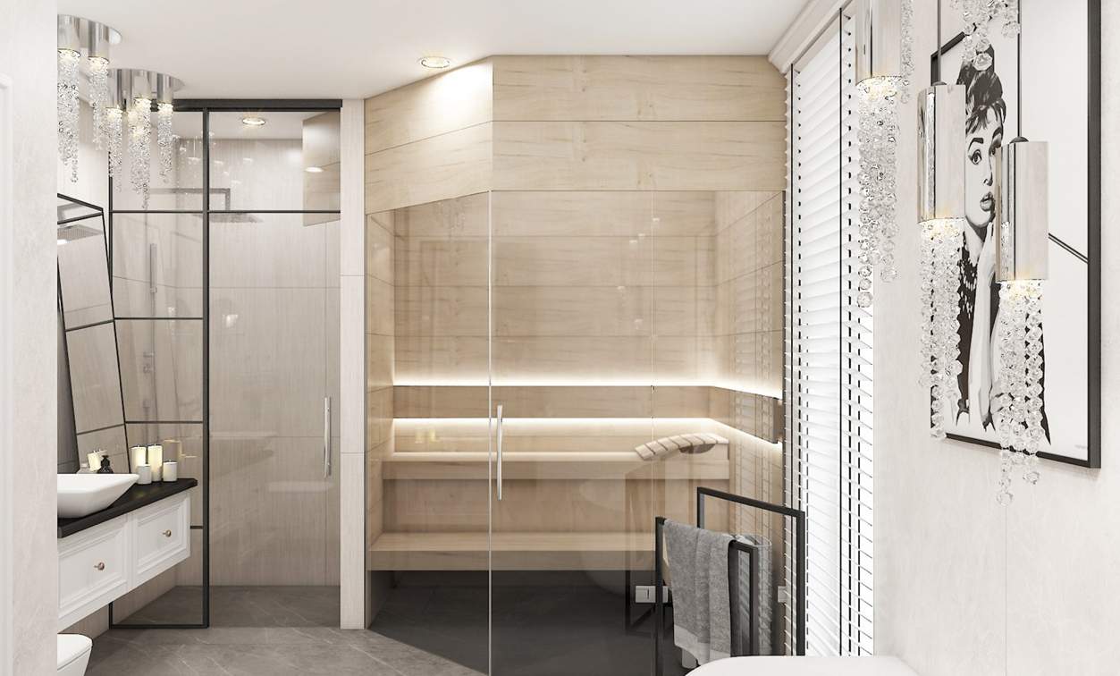 Modern baths with sauna and shower cubicle next to each other in neutral colors in crystal pendant lights with crystals