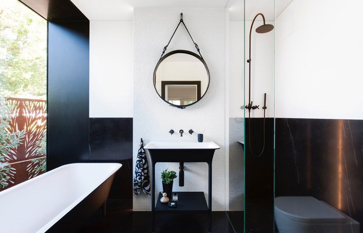 Modern baths in black and white ideas with shower and narrow bath tub
