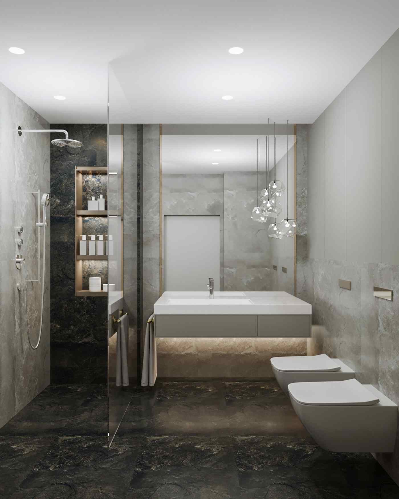 Moderne kleine Badezimmer und Bilder vom Granitboden und Marmorwände und indirekte Beleuchtung