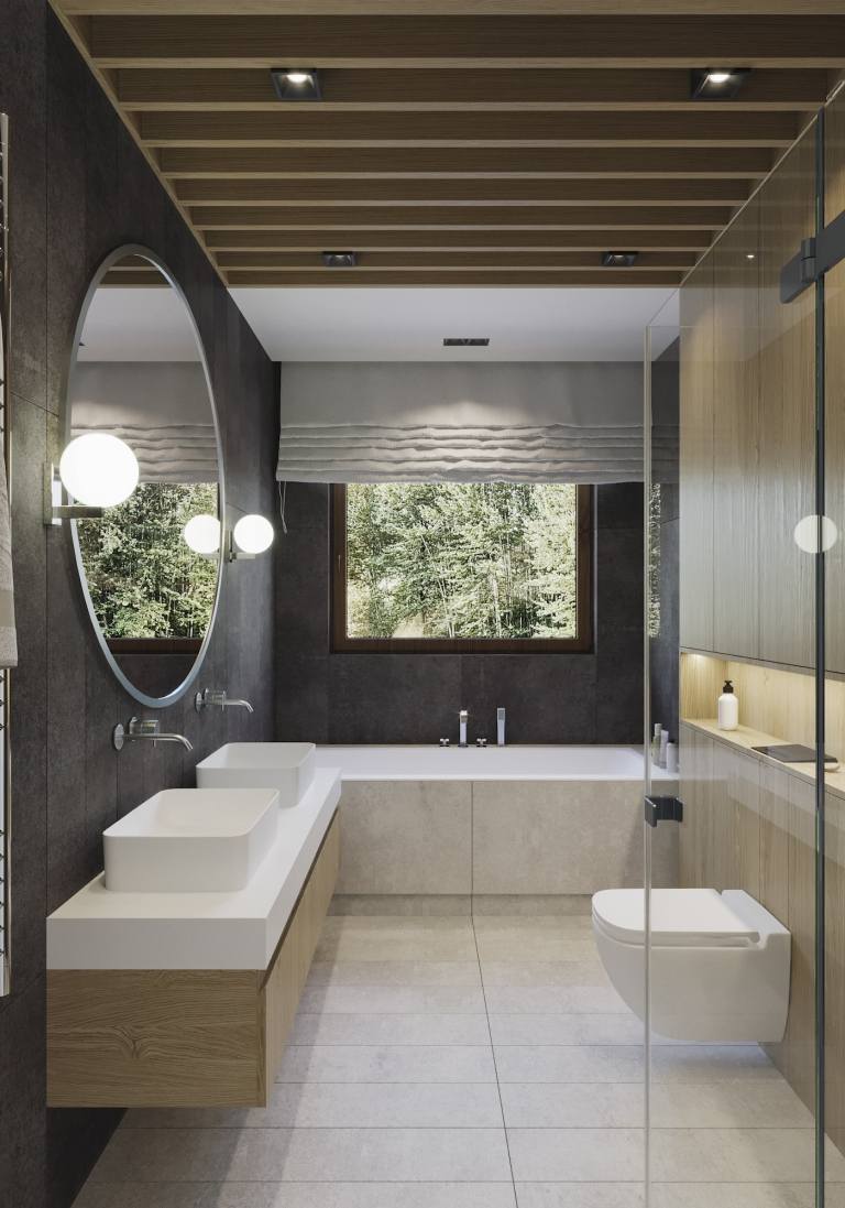 Moderne kleine Badezimmer Bilder Holzdecke Duschkabine kleine Badewanne