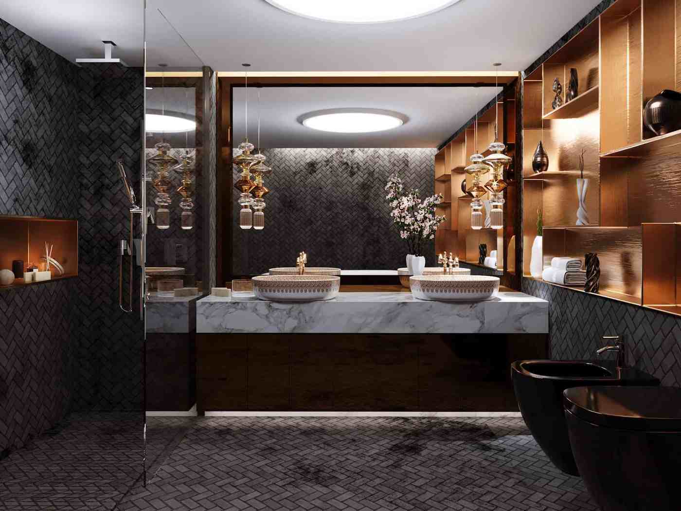 Modern small baths with dark bath and shower cabin indirect lighting