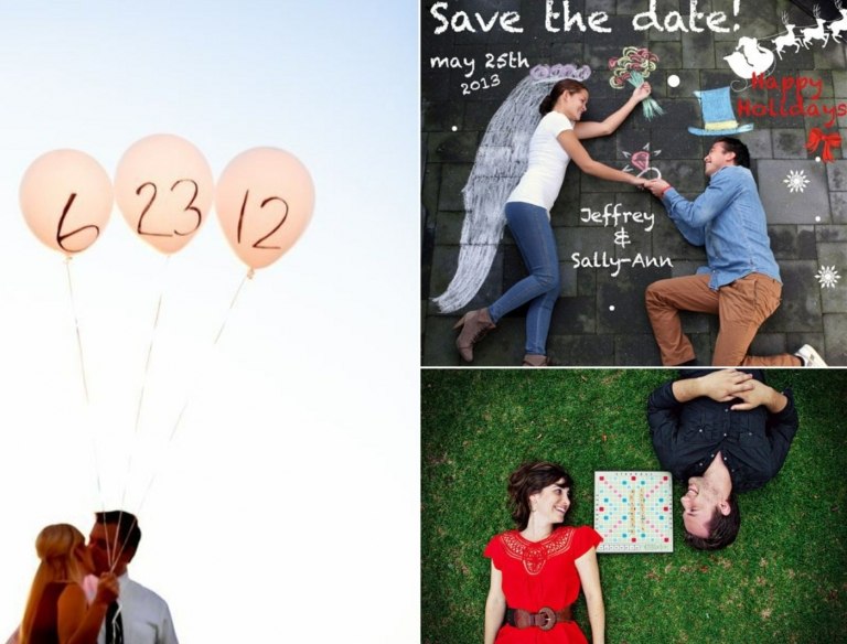 Save the Date Karte fotografieren mit Ballons, Scrabble oder Kreide