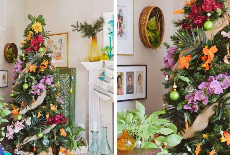 Weihnachtsbaum dekorieren Christbaumschmuck mit Girlande aus Blumen festliche Weihnachtsdeko
