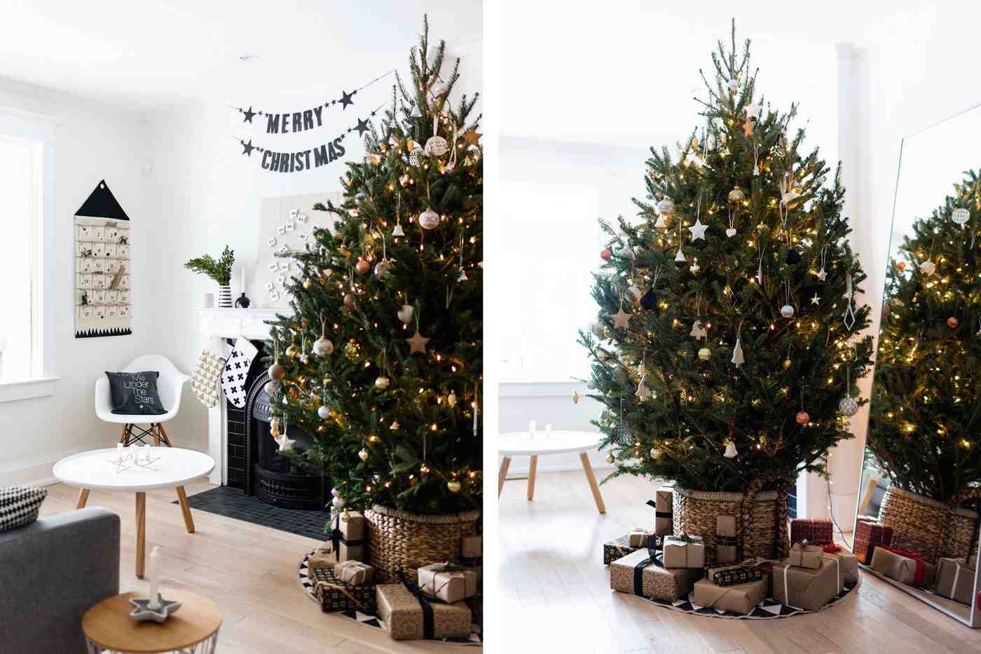 Weihnachtsbaum schmücken Trends im skandinavischen Stil dekorieren mit Naturmaterialien in Gold gefärbt