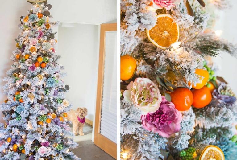 Weihnachtsbaum schmücken Trends mit Naturmaterialien Blumen und Zitruzsfrüchten wie Zitronen aufhängen