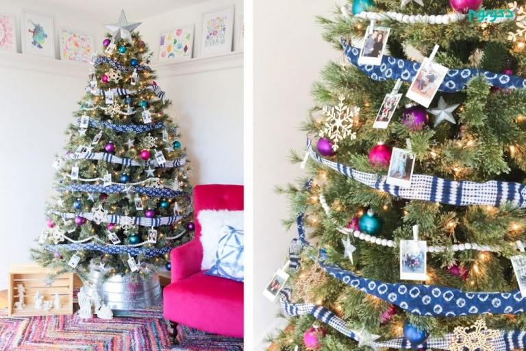 Weihnachtsbaum schmücken Trends und Ideen zum Selbermachen mit Stoffgilrande und Familienfotos Girlande basteln