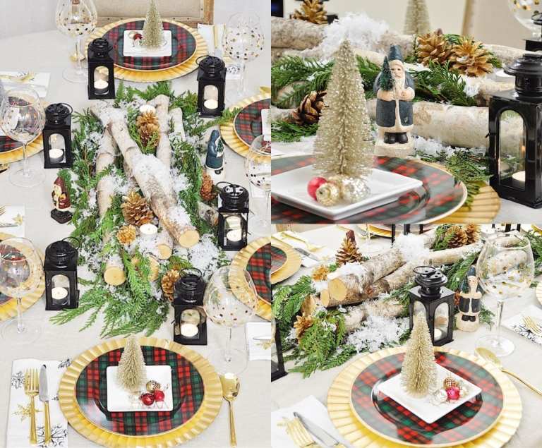 Weihnachtsdeko Tisch in Grün und Gold mit Baumstämmen und Kunstschnee und Laternen und Dekofiguren aus Porzellan