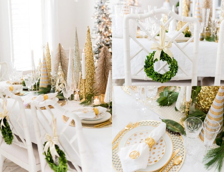 Weihnachtsdeko Tisch in Grün und Gold mit künstlichen Tannenbäumen aus Papier und kleine Kränze aus Lorbeerzweige und Baumblätter als Platzkarten