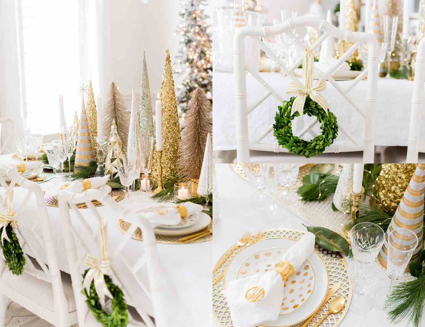 Weihnachtsdeko Tisch in Grün und Gold mit künstlichen Tannenbäumen aus Papier und kleine Kränze aus Lorbeerzweige und Baumblätter als Platzkarten