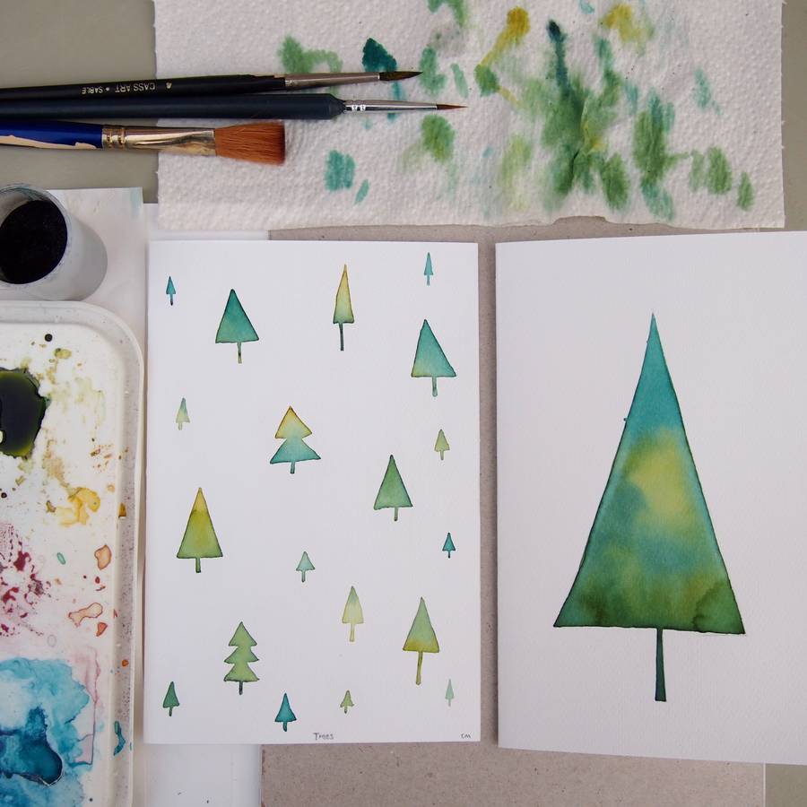 Weihnachtskarten mit Wasserfarben oder Aquarell malen Anleitung für einen Weihnachtsbaum