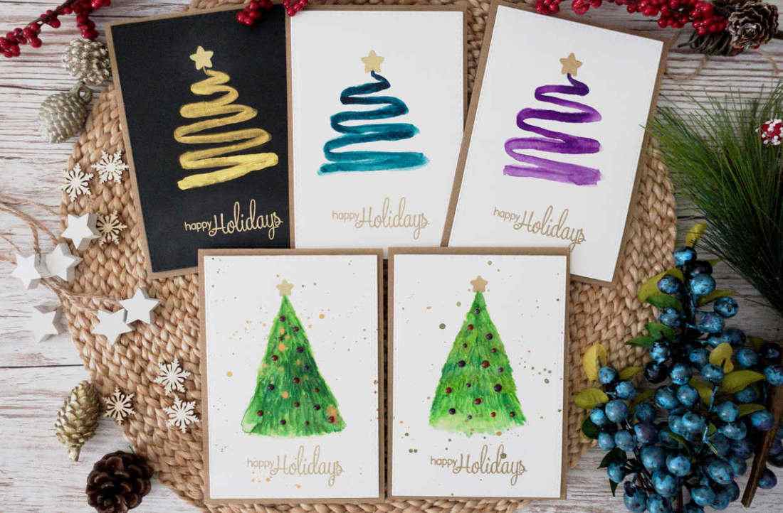 Weihnachtskarten selber malen DIY-Anleitungen für Grußsskarten zu Weihnachten mit Wasserfarben Weihnachtsbaum malen