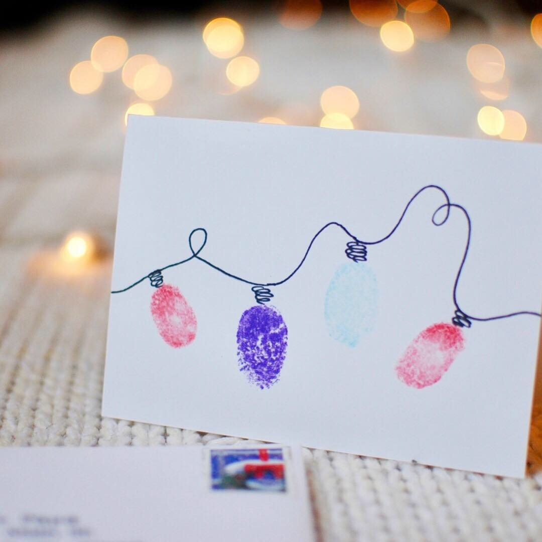 Weihnachtskarten selber malen Fingerabdrücke Lichterkette malen einfache und schnelle Ideen zum selber machen