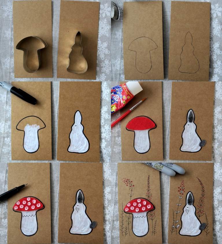 Weihnachtskarten selber malen Hase und Pilz Silhouetten mit Plätzchenausstecher malen Anleitung für Grusskarten